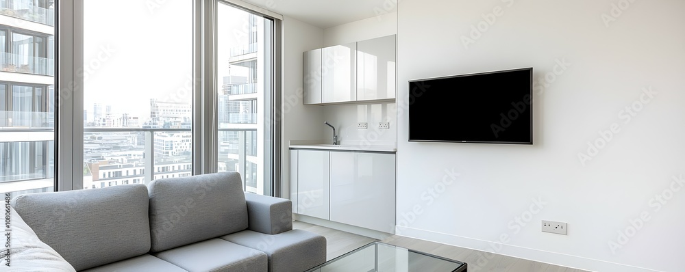 Poster modern minimalist studio apartment with city view - sleek design space-efficient layout and airy atm