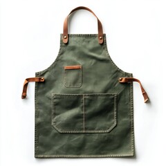 Green canvas apron with leather straps and pocket for kitchen or workshop use