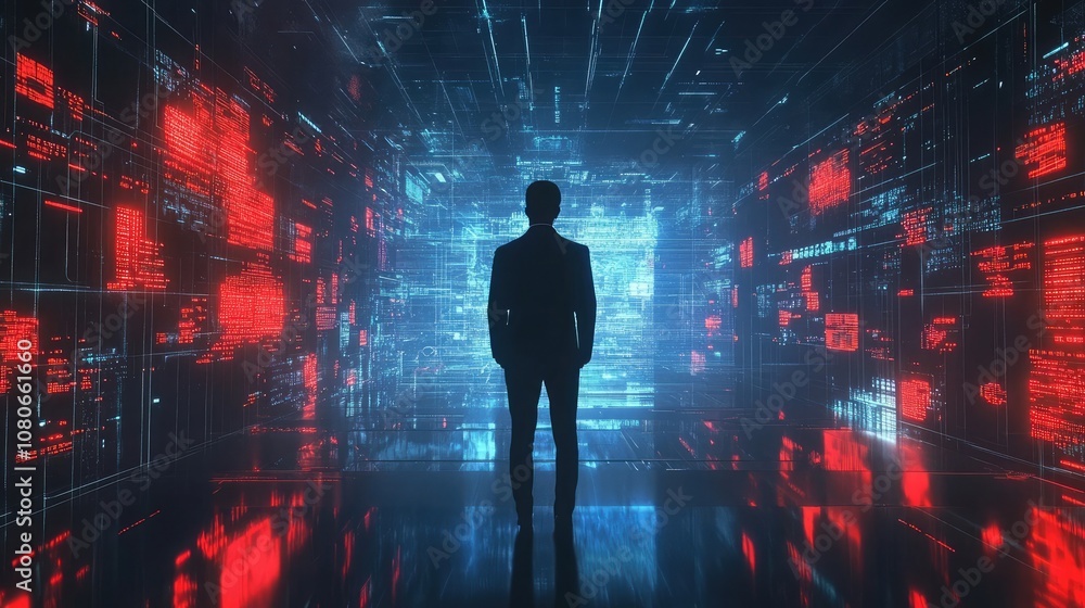 Aufkleber a man in a suit stands in a digital space, surrounded by screens displaying glowing red and blue cod