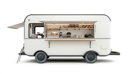 A clean, white food truck with its window open, revealing shelves stocked with pastries and a counter with coffee equipment.