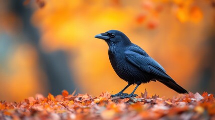 Naklejka premium A striking image captures the serenity of a solitary crow perched amidst a vibrant carpet of orange autumn leaves, against a softly blurred background