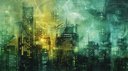 Naklejka premium Conceptual texture background featuring futuristic cityscapes and technological motifs, symbolizing progress and innovation