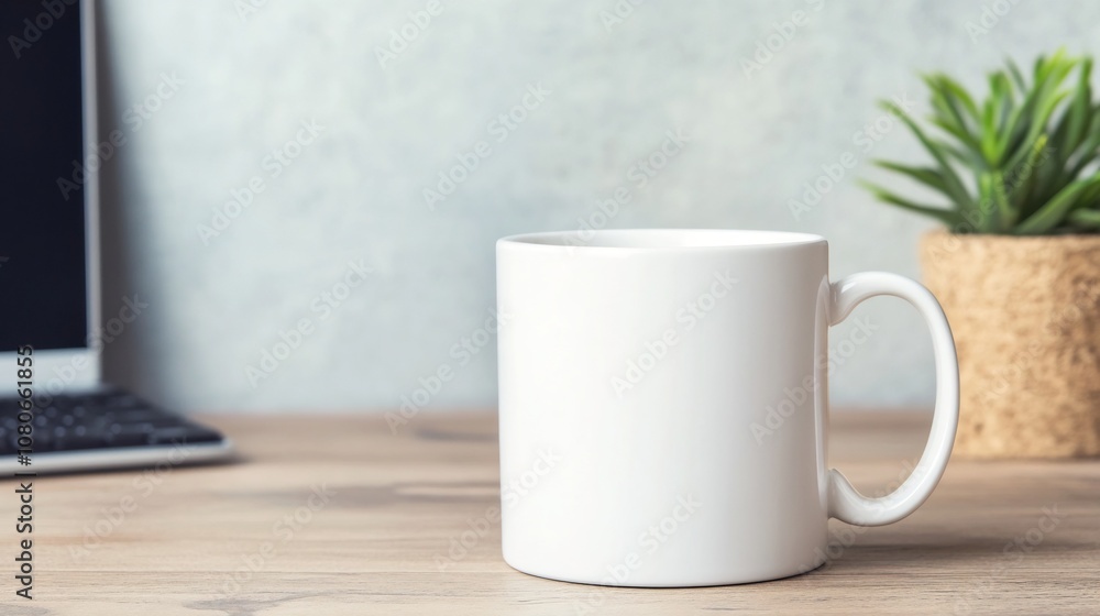 Poster clean white mug on minimal office desk with computer in background