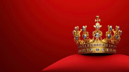 A golden crown with jewels sits atop a red velvet pillow against a red background.