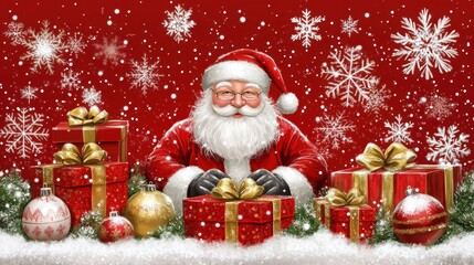 Christmas element pack with Santa, gift boxes, ribbon bows, snowflakes, and ornaments. Great for invitations and holiday decor. High-detail vector.