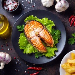 nice fish steak baked tasty juicy beautiful color large portion on a plate top view