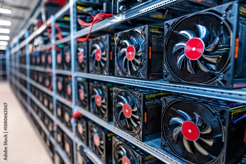 Poster server room with rows of computer hardware and cooling fans