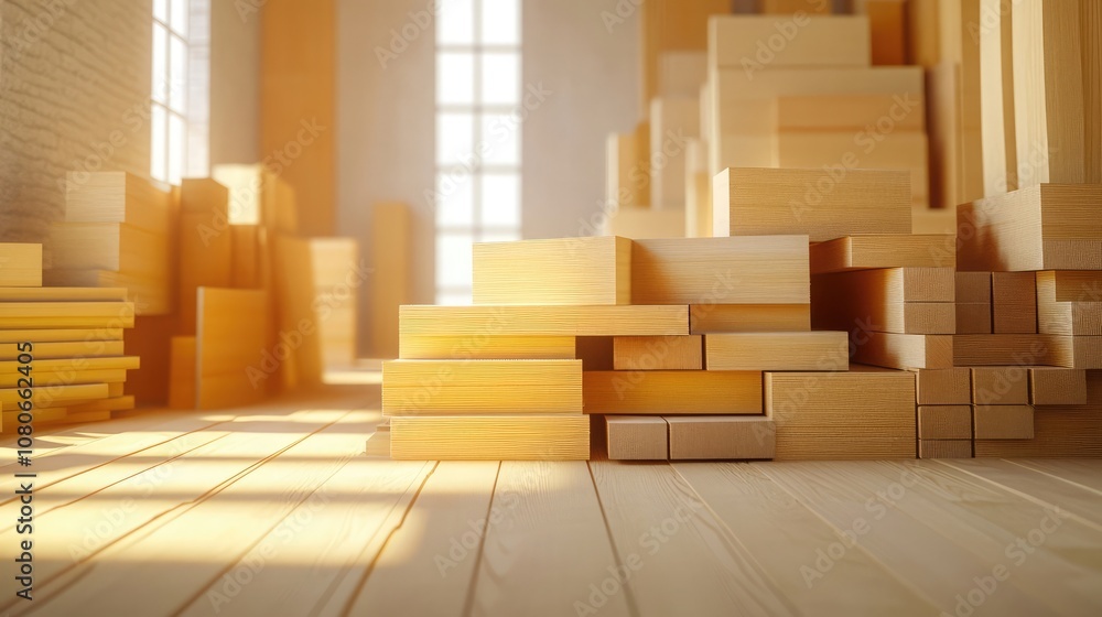 Aufkleber a warm, minimalist space with wooden blocks stacked in an abstract design, illuminated by natural li
