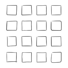 Set of square thin outline frames, drawn by hand in sweeping neat handwriting with dynamics. Graphic template of table with four rows and columns. Vector illustration of simple geometric shape.