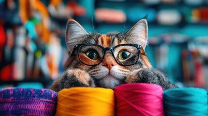 A playful cat wearing glasses, surrounded by vibrant yarn, symbolizing creativity and curiosity in a cozy, artistic atmosphere filled with colorful textures.