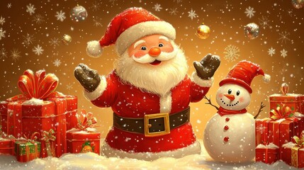 Christmas elements: Santa, snowman, baubles, gifts, and ribbon. Vibrant vector for greeting cards, stickers, and posters.