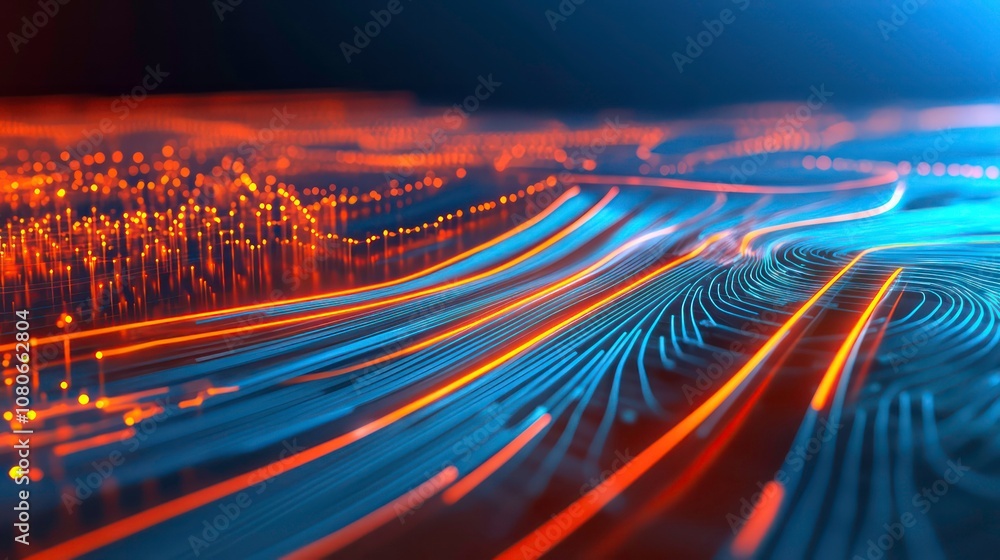 Poster abstract digital background with glowing lines and dots in blue and orange tones.