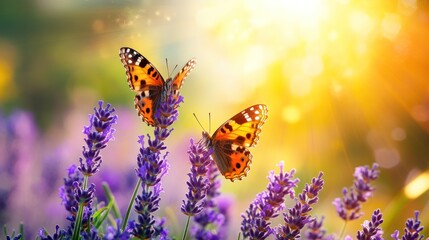 Amazing beautiful colorful natural scenery. Lavender flowers and two butterfly in rays of summer sunlight in spring outdoors on nature macro