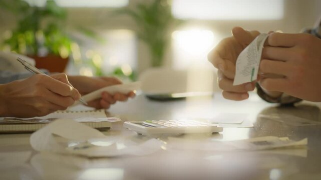 Two individuals engage in collaborative efforts at a well-lit workspace. They review financial documents, take notes, and discuss numbers, showcasing teamwork and focus during afternoon hours