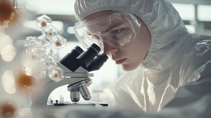 Focused Student in Lab Gear Using Microscope for Research