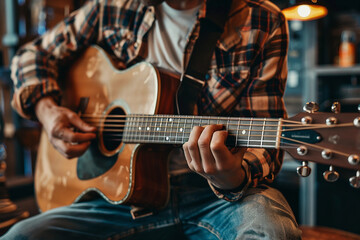 Naklejka premium Generative AI Image of a Guitarist Performing with Acoustic Guitar