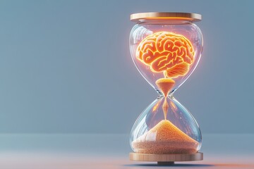 A glowing brain inside an hourglass symbolizes the connection between time and intellect, suggesting the value of knowledge and mindful living.
