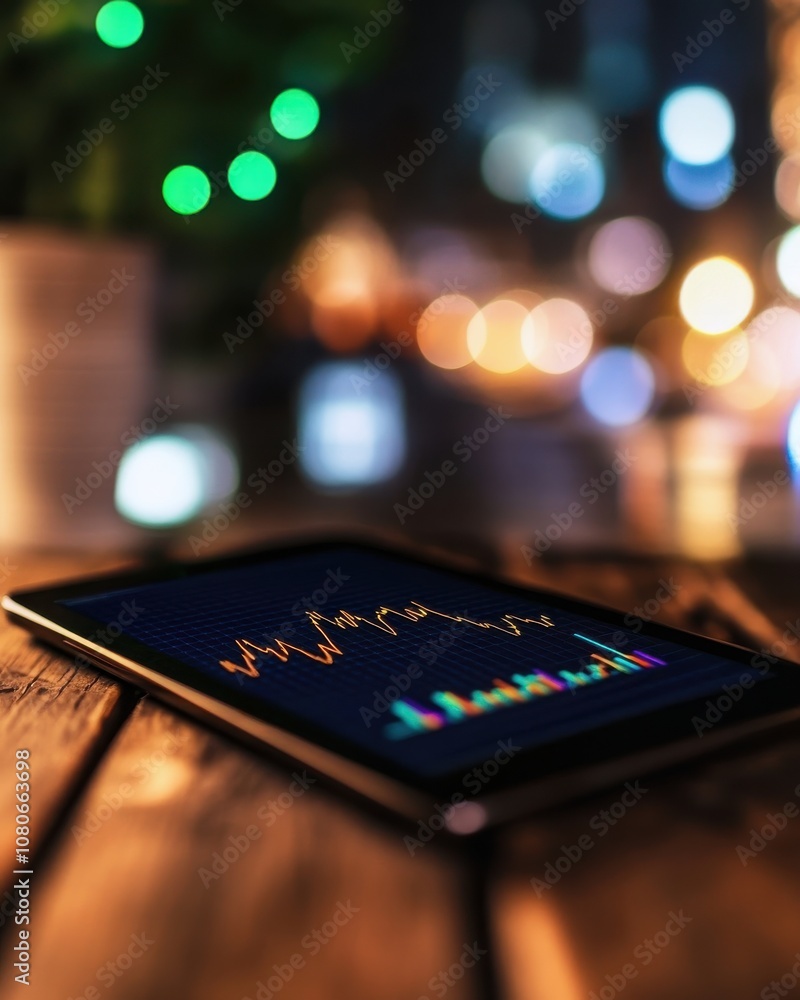 Leinwandbilder A tablet displaying colorful financial graphs and charts, set on a wooden table with blurred festive lights in the background.