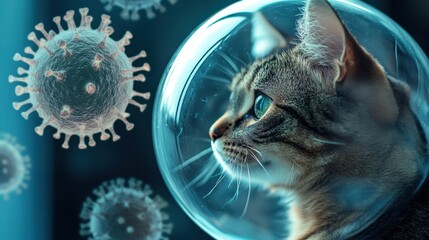 Feline comfortably in a bubble with virus particles surrounding, vibrant backdrop for pet health protection. Safe and healthy atmosphere.