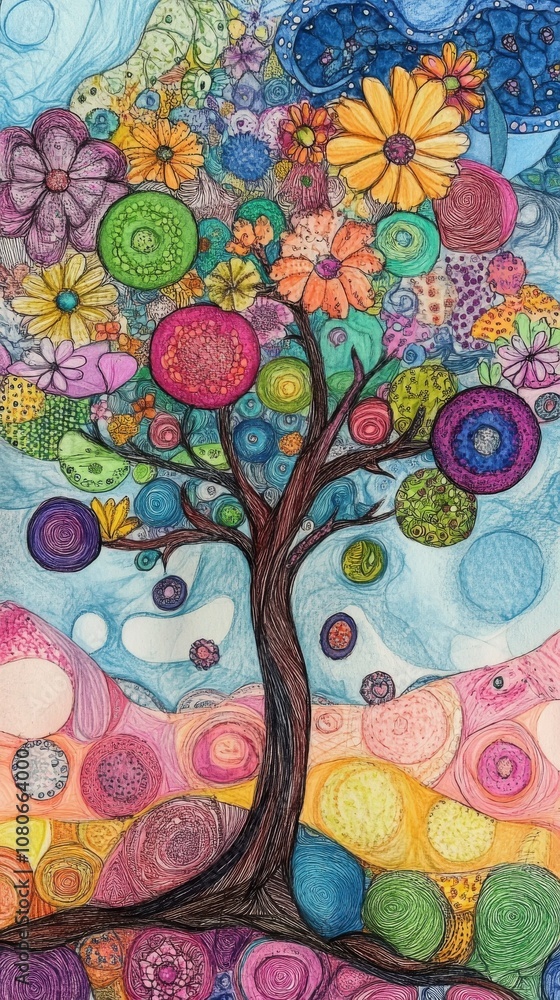Poster a colorful tree with many flowers and leaves. the tree is surrounded by many colorful circles. the t