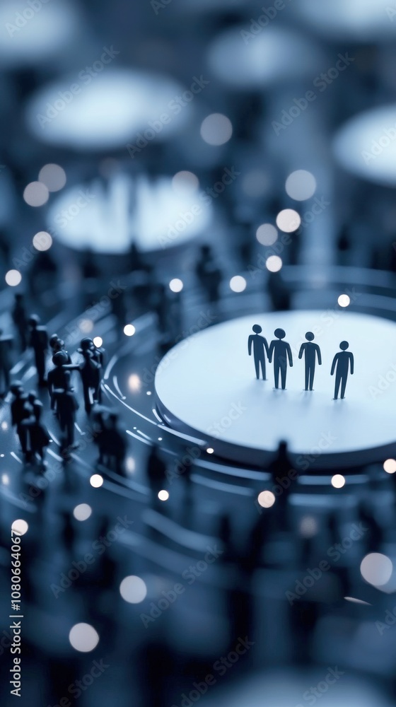 Aufkleber a blurred, artistic representation of figures standing on a circular platform, surrounded by glowing