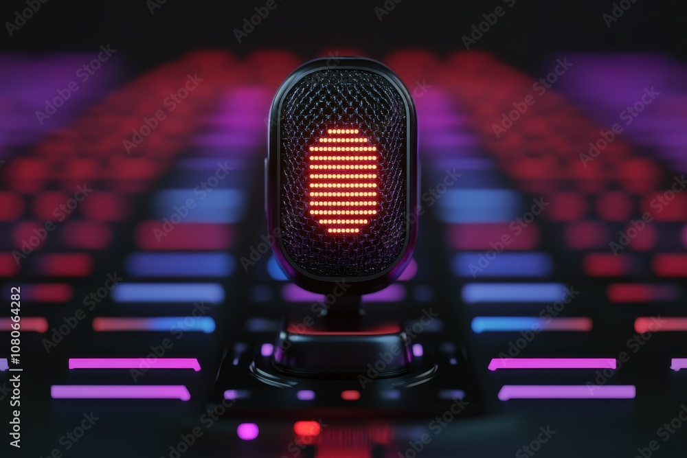 Poster A futuristic microphone with a glowing red pattern on a dynamic, colorful background, emphasizing a modern tech aesthetic.