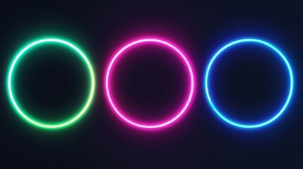 Three glowing neon circles creating vibrant light on dark background