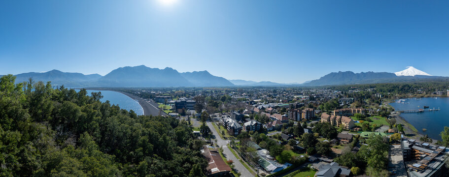 Pucon city aerial panoramic view of a sunny summer day. Araucania, Chile
