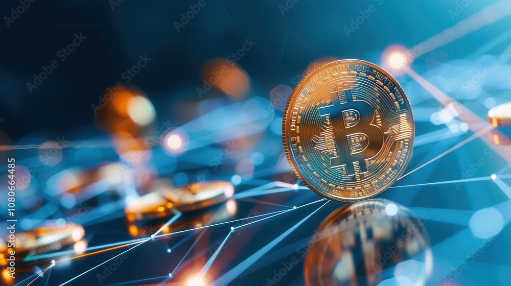 Poster bitcoin cryptocurrency coin on a digital network background, symbolizing blockchain technology, virt
