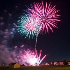 Close-Up of Fireworks Remnants: A close-up photo of remnants from a fireworks explosion, with deep focus and an eye-level shot to reveal the colorful, fragmented textures and remaining particles.