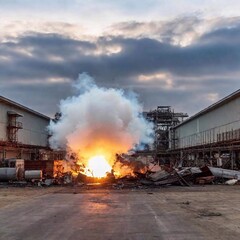 Full Shot of Explosion in Industrial Area: A full shot of an industrial area after an explosion, with deep focus and an eye-level shot to reveal the extent of damage to machinery, infrastructure, and 