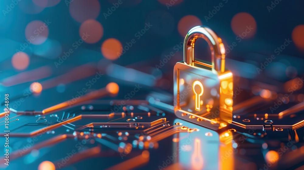Poster glowing golden padlock on a digital circuit board with illuminated lines, symbolizing cybersecurity,