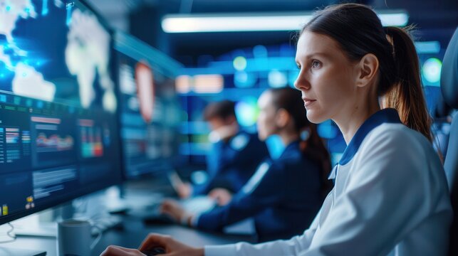 Female analyst intensely monitoring cybersecurity data and analytics on multiple screens in a high-tech control room, representing digital security and surveillance.