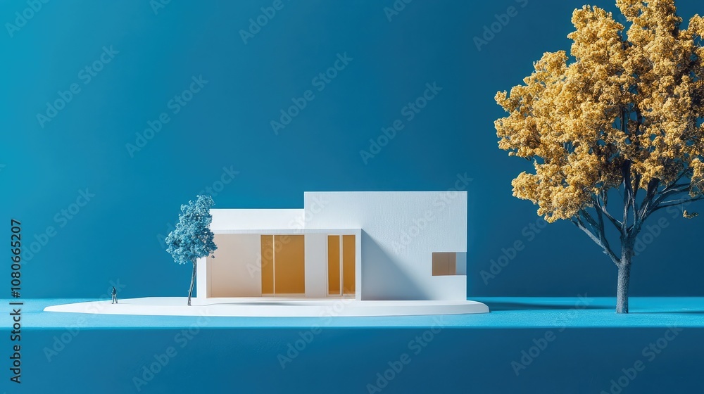 Aufkleber a miniature model of a white house with a tree on one side and another small tree on the other, set 