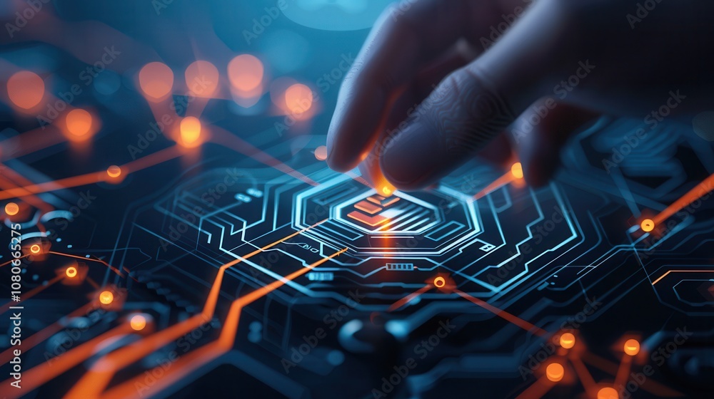 Poster hand interacting with a glowing digital circuit interface, symbolizing cybersecurity, network contro