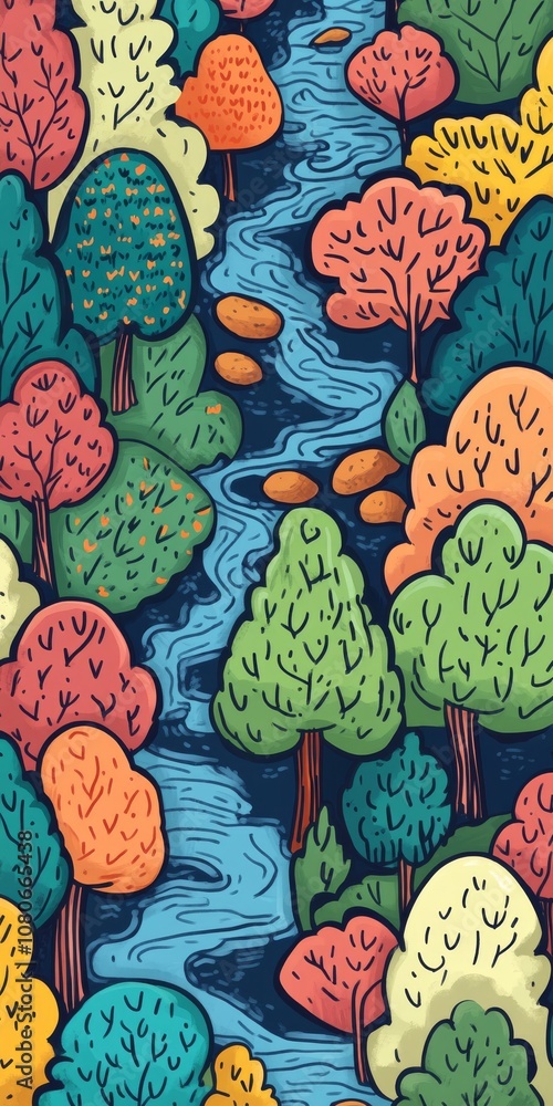 Poster a colorful drawing of a river with trees on either side. the trees are of different colors and sizes
