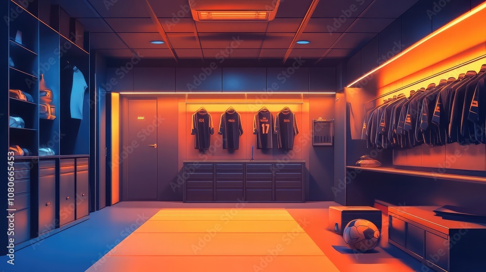 Poster a spacious locker room with warm orange lighting, featuring a row of lockers and a selection of jers