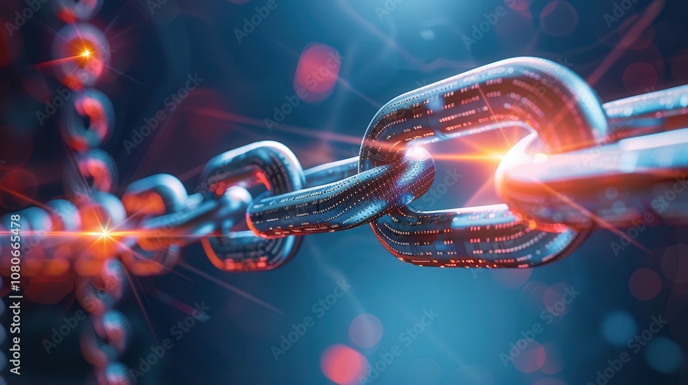 Poster metallic chain link with digital codes and glowing lights, representing blockchain technology, netwo