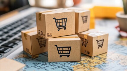 Global e-commerce concept with shipping icons, a digital world map background, showcasing online shopping across borders.