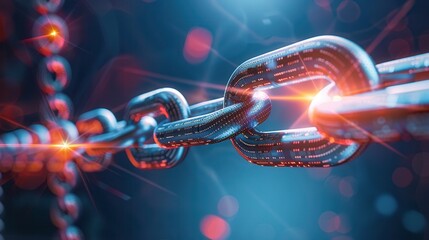 Metallic chain link with digital codes and glowing lights, representing blockchain technology, network security, and digital connections.