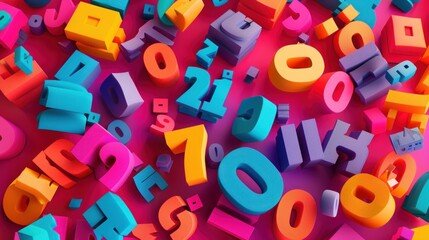 Fototapeta premium A vibrant background of scattered 3D numbers in various colors on a pink surface.