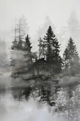 A mystical cabin nestled among towering trees enveloped in mist, creating a tranquil and enchanting forest scene.