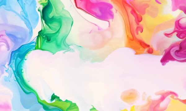 Colorful watercolor background of abstract sunset sky with puffy clouds in bright rainbow colors of pink green blue yellow and purple