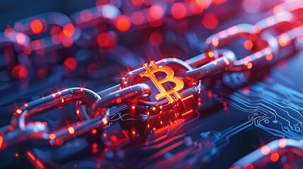 Bitcoin symbol embedded within a digital chain, glowing red and blue, symbolizing blockchain technology, cryptocurrency, and security.