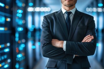Confident businessman in a suit standing with arms crossed in a data center, symbolizing cybersecurity leadership, management, and digital infrastructure.