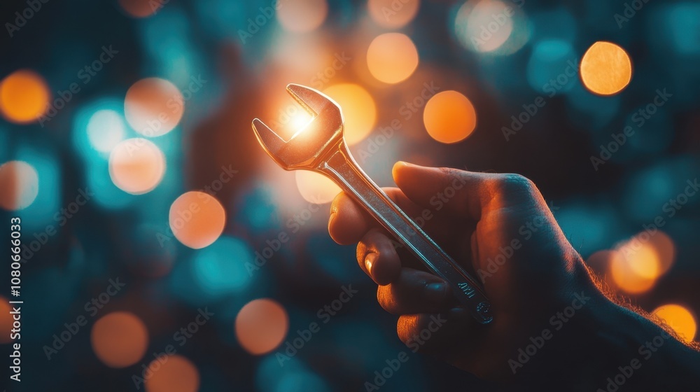 Aufkleber hand holding a shiny wrench with warm light highlighting its purpose, blurred background representin