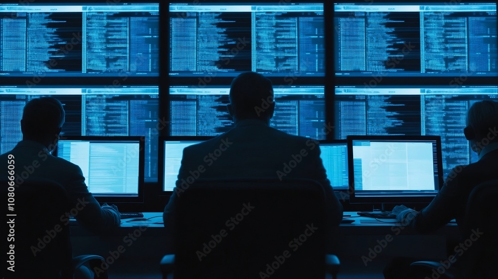 Poster group of executives monitoring financial crisis data on screens in real-time response