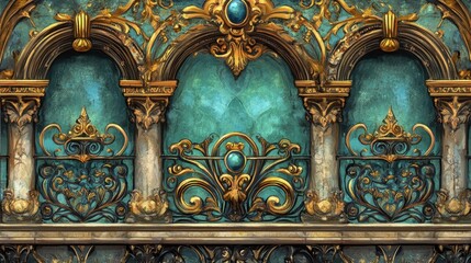 Fototapeta premium Classic balcony with ornate iron railing, intricate patterns, blank background for text in center