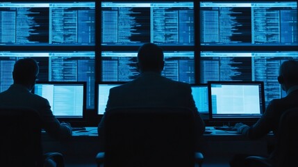 Fototapeta premium Group of Executives Monitoring Financial Crisis Data on Screens in Real-time Response