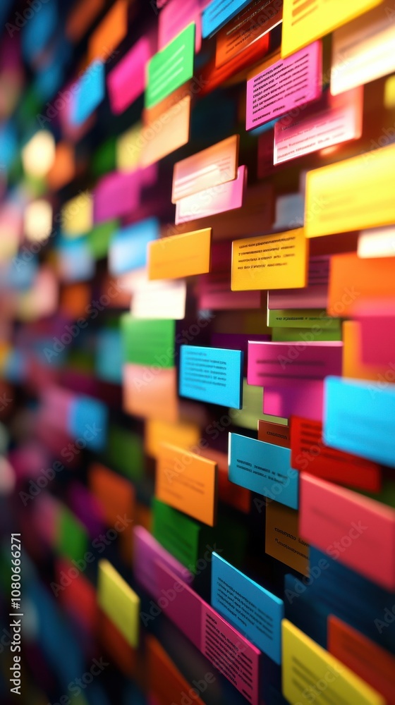 Poster a vibrant display of colorful sticky notes arranged in a grid, showcasing various textures and shade